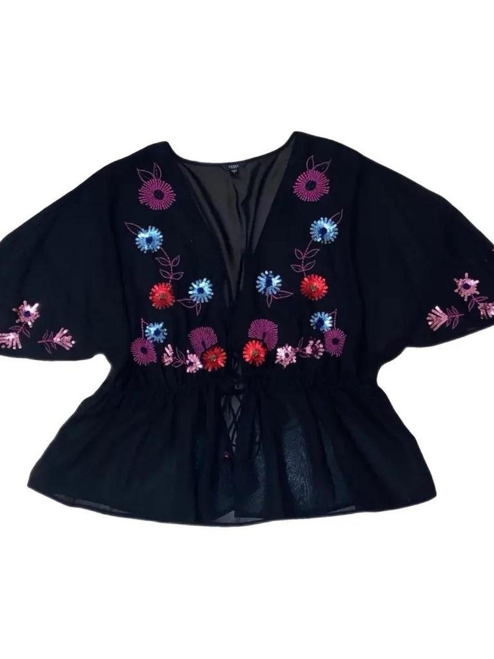 Guess Black Embroidered Floral Peasant Tunic with Tie Waist